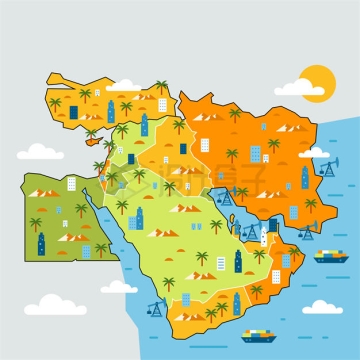 卡通风格西亚中东地区各国旅游地图1912598矢量图片免抠素材