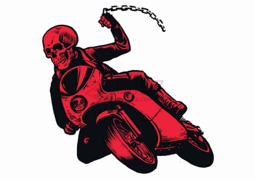 红色骷髅头拿着铁链骑着摩托车漫画插画png图片素材