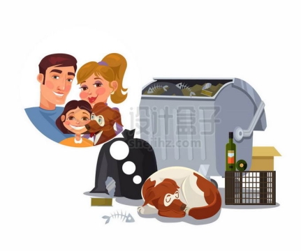 垃圾箱垃圾桶旁边的狗狗流浪狗想要拥有一个家庭收养它插画6735758矢量图片免抠素材