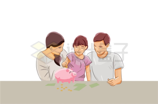 卡通女孩和爸爸妈妈一起把钱存进储钱罐插画2591224矢量图片免抠素材