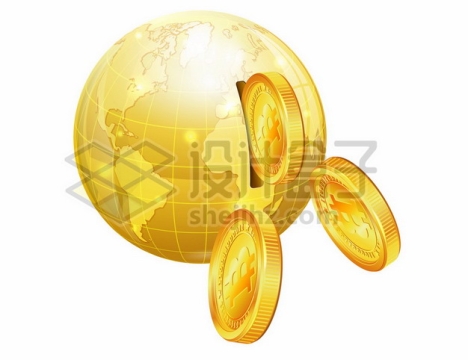 金色的地球模型储蓄罐和金色比特币硬币282817图片素材
