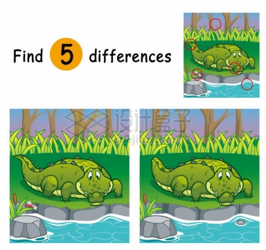 儿童益智游戏插图河边的鳄鱼找茬找不同配图png图片免抠素材