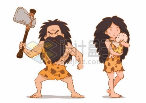 卡通原始人拿着石斧和远古人类妈妈抱着宝宝5760272png图片免抠素材