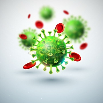 微观绿色新型冠状病毒肺炎和红细胞正方形背景png图片免抠矢量素材