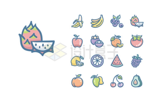 香蕉蓝莓山竹等卡通水果图标3281105矢量图片免抠素材