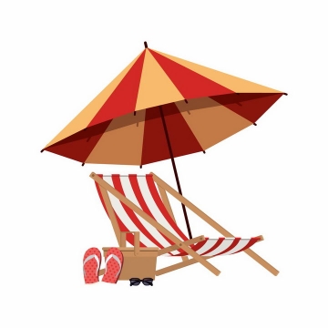 扁平化风格红色黄色相间的遮阳伞和沙滩躺椅沙滩鞋png图片免抠eps矢量素材