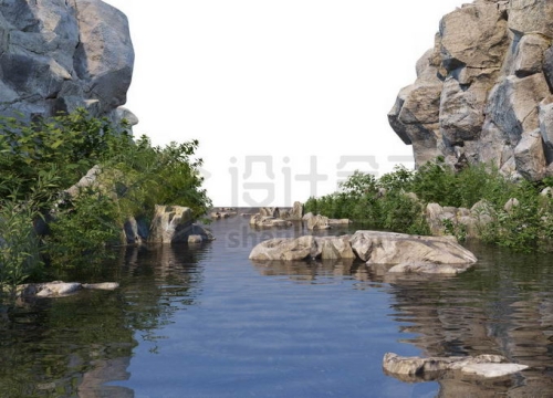 岩石悬崖峭壁峡谷中的湖水和湖岸的植被以及石头小岛6530303PSD免抠图片素材