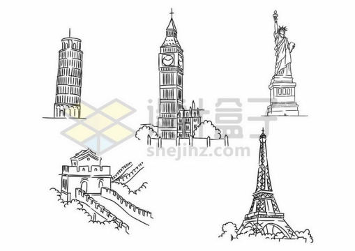 比萨斜塔伦敦钟楼自由女神像长城埃菲尔铁塔等手绘线条著名景点插画4260078矢量图片免抠素材