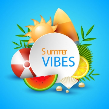 唯美风格的夏日热带海岛旅行标题框装饰贝壳西瓜等免抠矢量图片素材