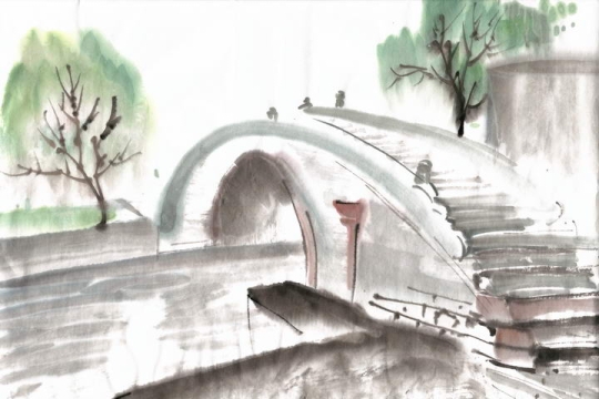 彩色水墨画涂鸦风格中国传统建筑拱桥风景照png免抠图片