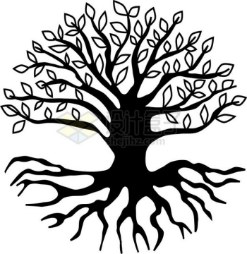 黑色大树带树根插画png免抠图片素材