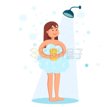 卡通女孩拿着海绵搓正在淋浴下洗澡7334433矢量图片免抠素材