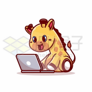 超可爱的卡通长颈鹿玩笔记本电脑4934199矢量图片免抠素材免费下载