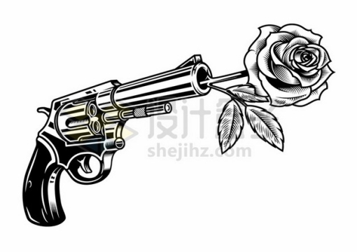 手枪枪管中插上玫瑰花黑白色插画476809eps矢量图片素材