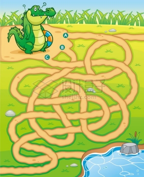 儿童益智游戏插图小鳄鱼找河流迷宫幼儿游戏png图片免抠素材