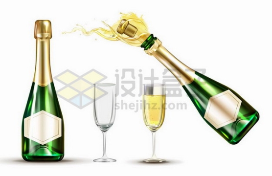 绿色酒瓶的香槟酒酒瓶与酒杯png图片免抠矢量素材