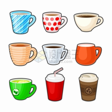 9款卡通风格的咖啡杯马克杯陶瓷杯子png图片免抠矢量素材