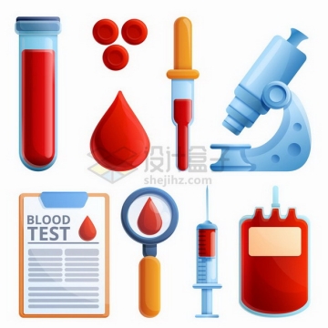 卡通风格显微镜血液采集管红细胞针筒血袋滴管等验血医疗用品png图片免抠矢量素材