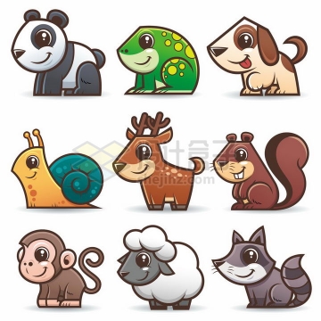 熊猫青蛙小狗蜗牛小鹿松鼠猴子绵羊小浣熊等可爱卡通动物png图片免抠素材