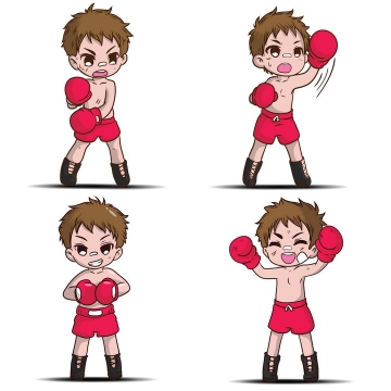 4款戴着拳击手套正在打拳击的卡通小男孩图片免抠矢量素材