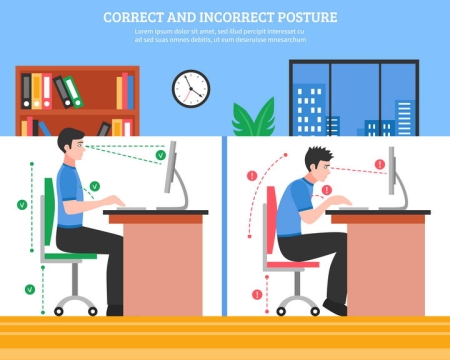 卡通办公室人员用电脑正确和错误坐姿对比图图片免抠素材