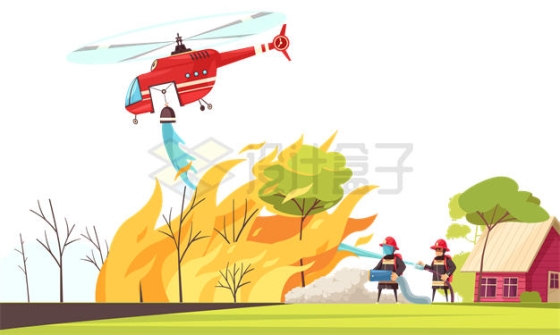 卡通风格灭火直升机消防直升机和消防员正在浇灭森林大火9962761矢量图片免抠素材