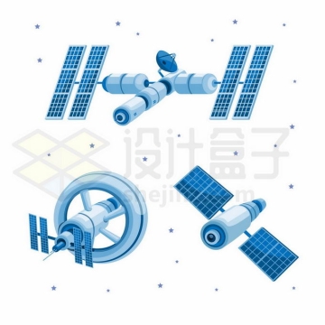 3款蓝色卡通天宫二号空间站宇宙飞船和卫星2876635矢量图片免抠素材