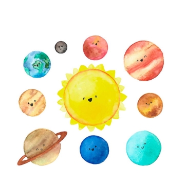可爱水彩画手绘风格卡通太阳系各大行星天文科普配图图片免抠素材