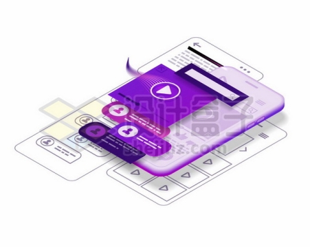 3D风格紫色手机上的聊天APP和视频软件窗口847530eps矢量图片素材