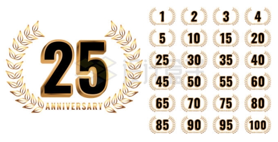 金色叶子装饰的3D立体数字周年庆祝标签徽章6761614矢量图片免抠素材