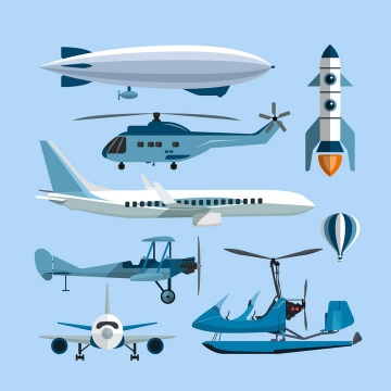 扁平化风格的飞艇直升飞机火箭客机等飞行交通工具png图片免抠eps矢量素材