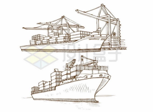 港口码头上的岸桥集装箱起重机卡车和货轮手绘线条插画2926177矢量图片免抠素材
