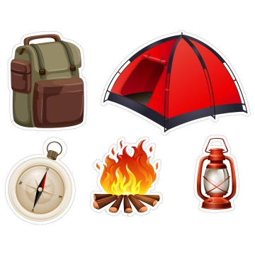 卡通风格双肩背包帐篷指南针篝火煤油灯等户外旅行装备图片免抠矢量素材