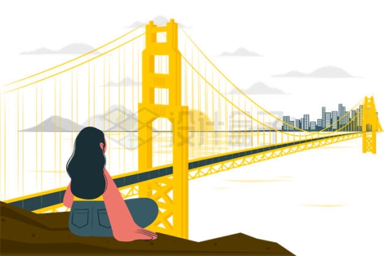 卡通女孩眺望黄色的悬索桥插画9140890矢量图片免抠素材