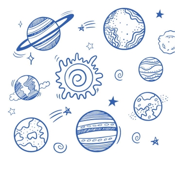 蓝色圆珠笔手绘风格太阳系八大行星天文科普图片免抠素材