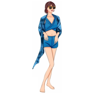 披着蓝色丝巾的比基尼女孩泳装美女手绘插画6641520免抠图片素材