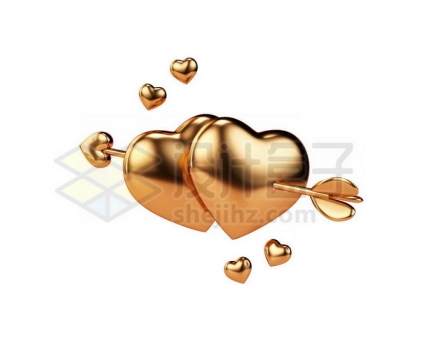 情人节被丘比特之箭串在一起的金色金属光泽心形3D模型2085251PSD免抠图片素材